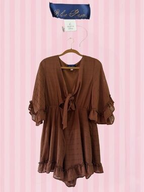 Blue Rain Brown Tie-Front Mini Romper with Ruffle Hem